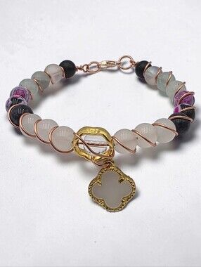 Mixed Bead Wire-Wrap Bracelet with White & Gold Clover Charm Handmade Jewelry